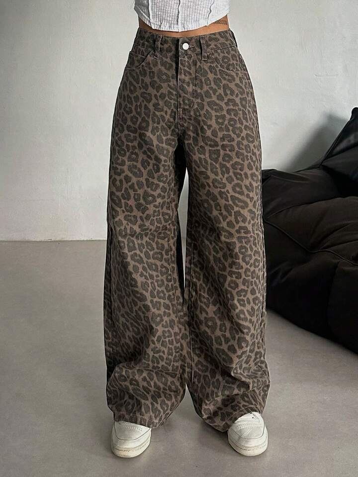 Damen Weit geschnittene Leoparden-Jeans im lässigen Stil Amawinc