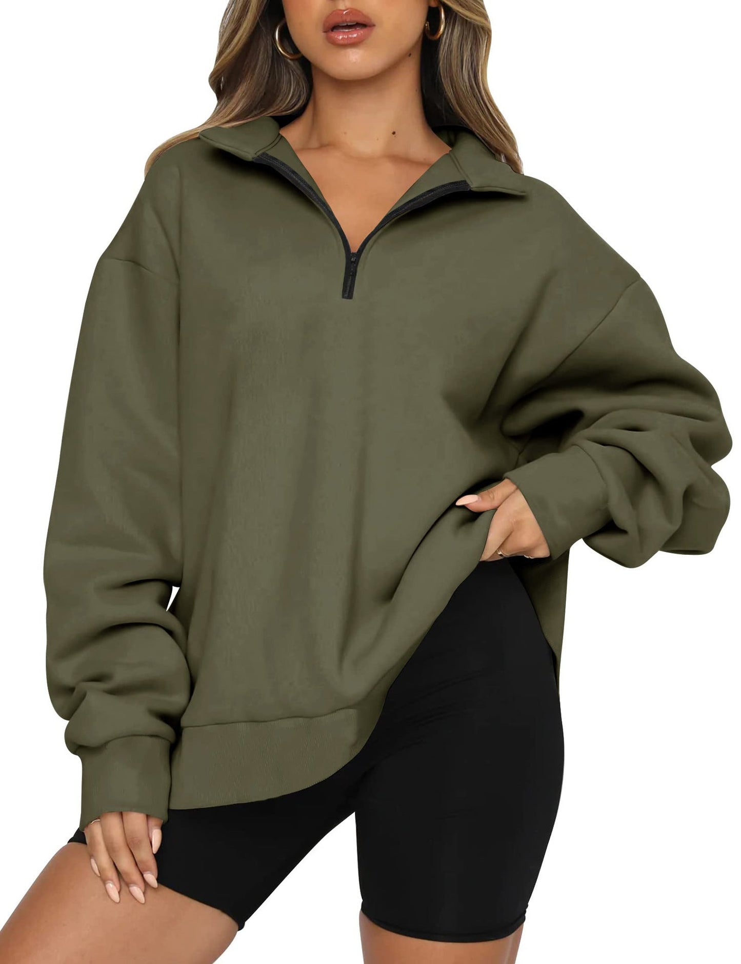 Damen Oversized Sweatshirt mit kurzem Reißverschluss und lässigem Schnitt Amawinc