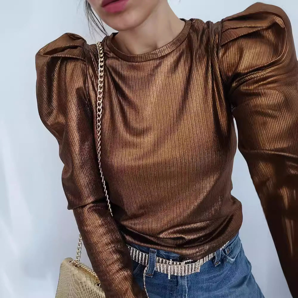 Damen funkelndes Oberteil mit voluminösen Ärmeln Amawinc