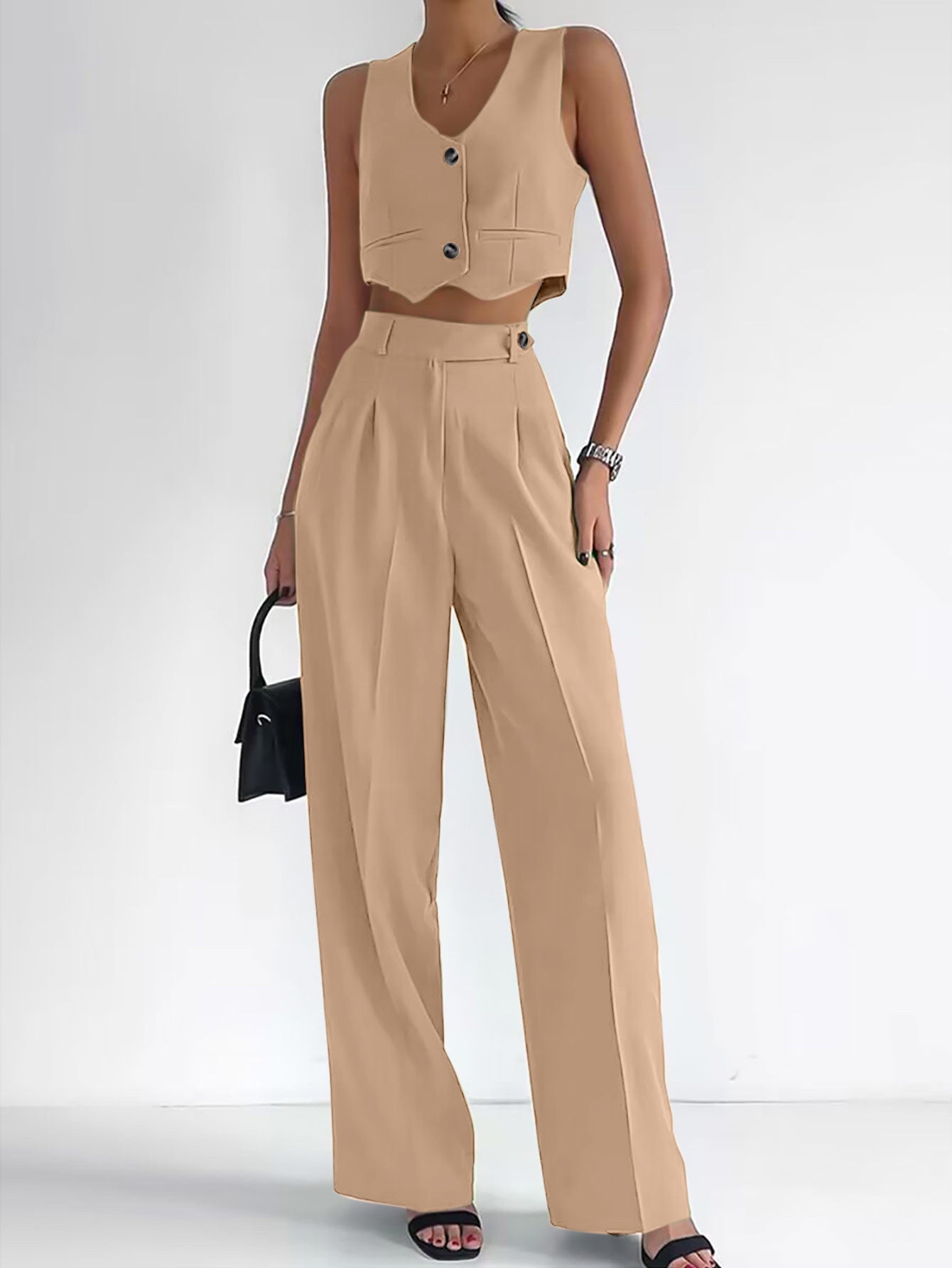 Damen Modisches Zweiteiler-Set mit ärmellosem Oberteil und weit geschnittenen Hosen Amawinc