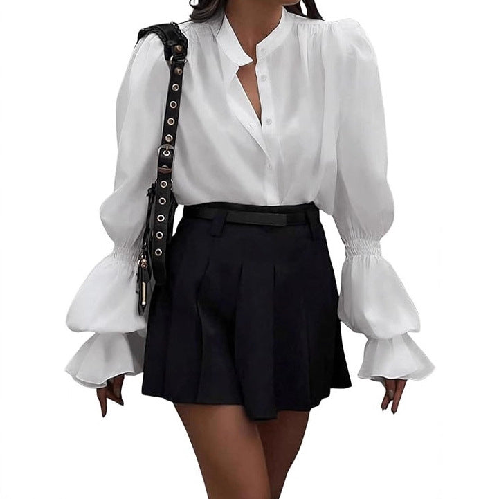 Damen Bluse mit eleganten Puffärmeln und zeitlosem Stehkragen Amawinc