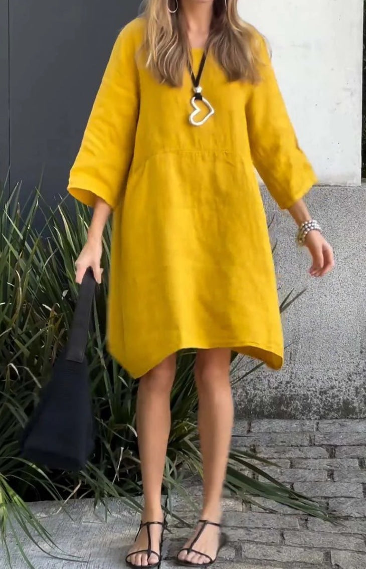 Damen lässiges Leinenkleid mit praktischen Taschen und asymmetrischem Saum Amawinc