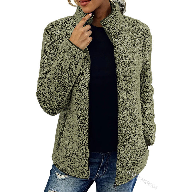 Damen flauschige Fleecejacke mit hohem Kragen und seitlichen Taschen Amawinc