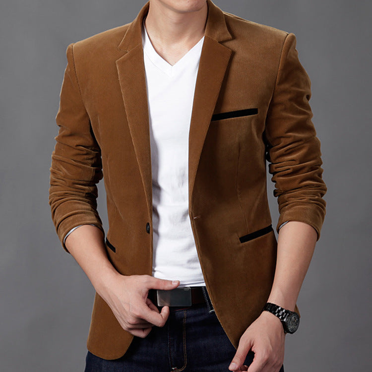 Veste Blazer Homme Slim Fit En Velours Côtelé Revers À Encoche Avec Bouton Unique Et Poches Passepoilées Amawinc