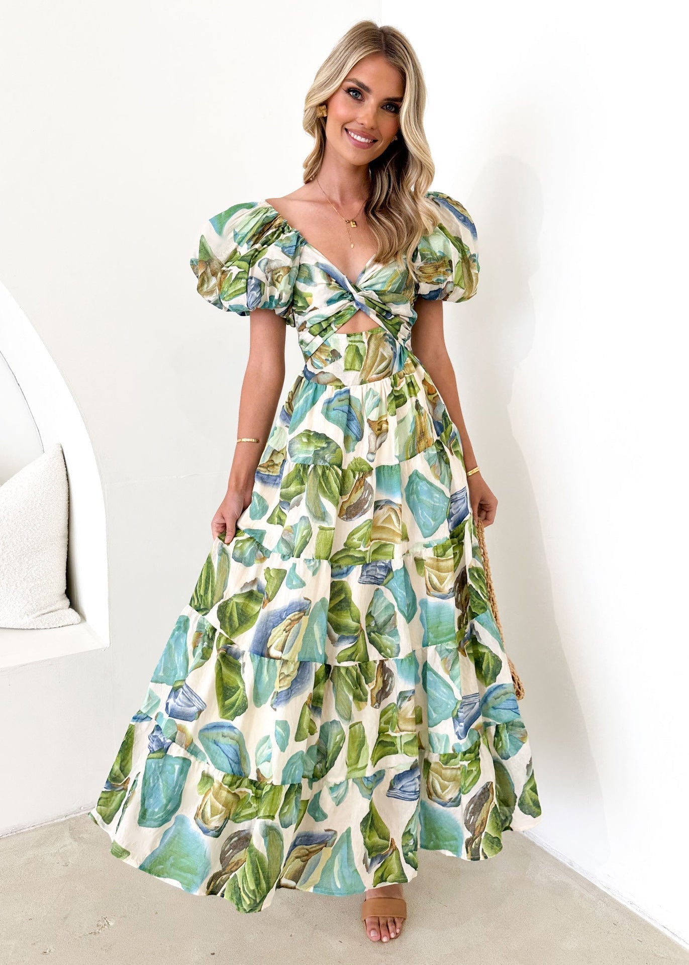 Robe Maxi Femme Épaule Dénudée Manches Bouffantes Taille Smockée Imprimé Floral Estival