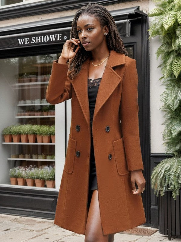 Damen eleganter Wollmantel mit doppelter Knopfleiste und praktischen Taschen Amawinc