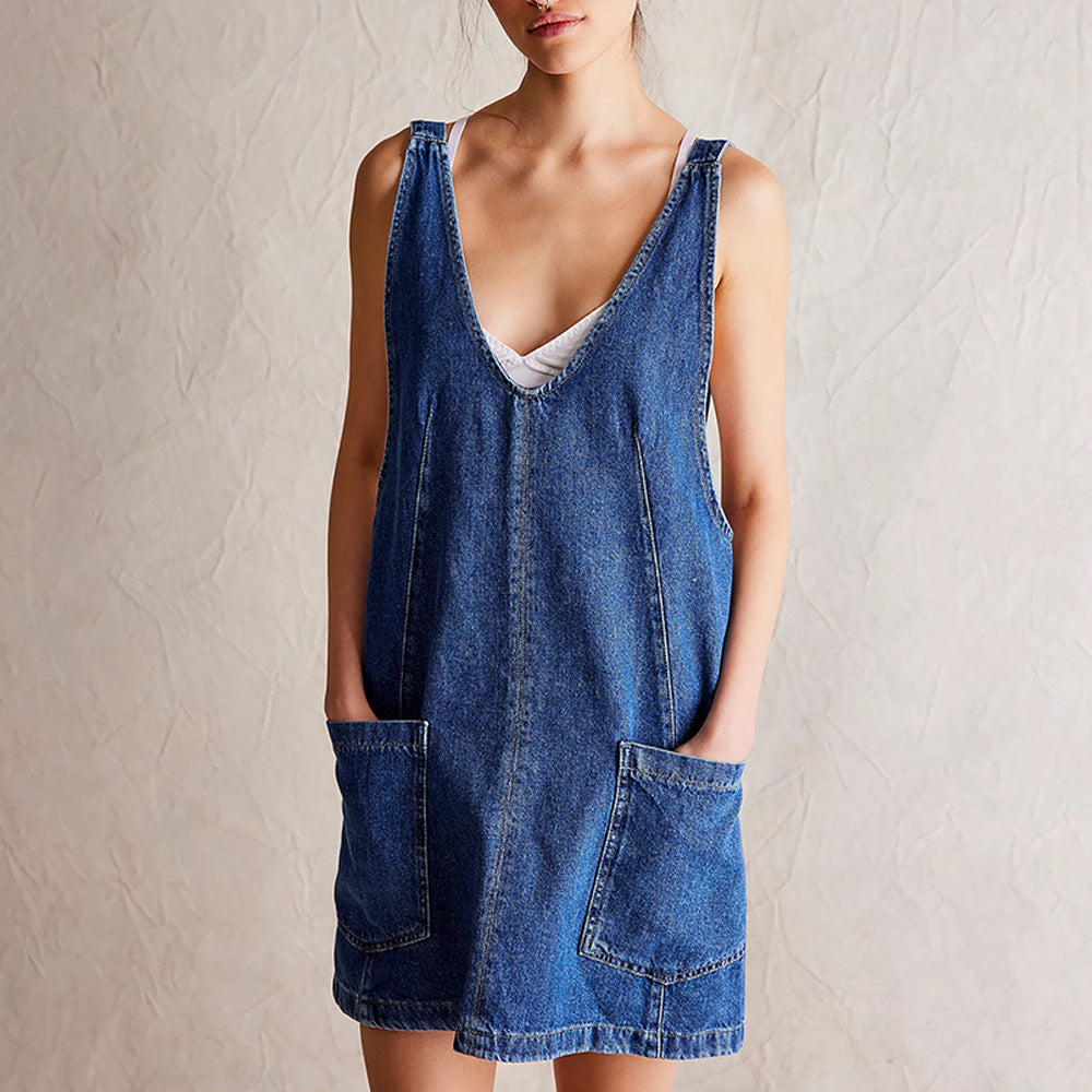 Robe Décontractée Pour Femme Coupe A Ligne Relaxée Col V Sans Manches Poches Patchwork Coton Mélangé