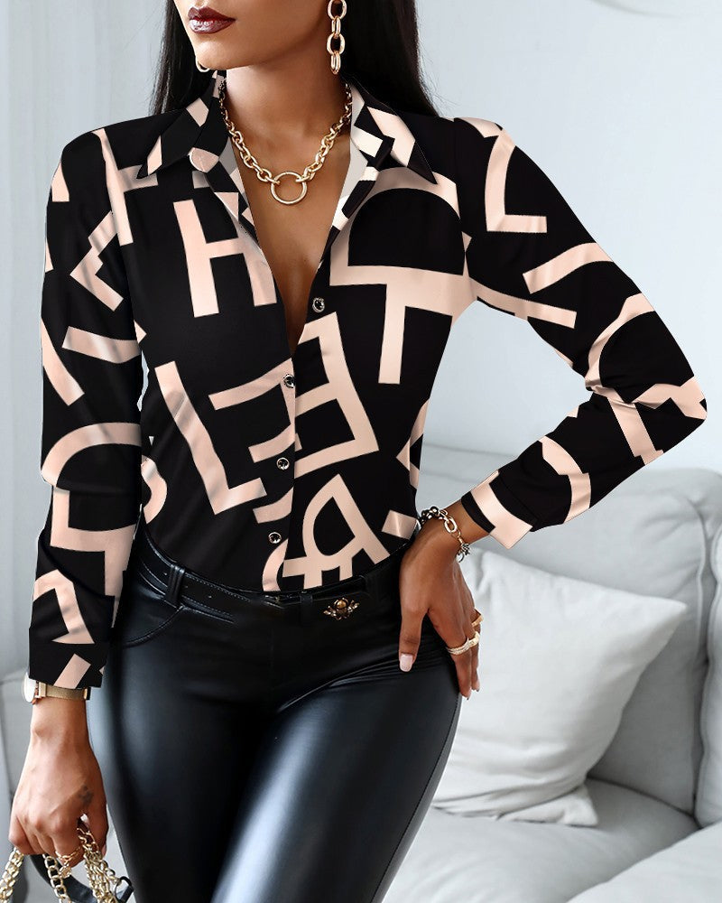 Chemise Femme À Boutons Motif Chaîne Imprimé Col Classique Manches Longues Élégante Polyvalente Pour Tenues Décontractées