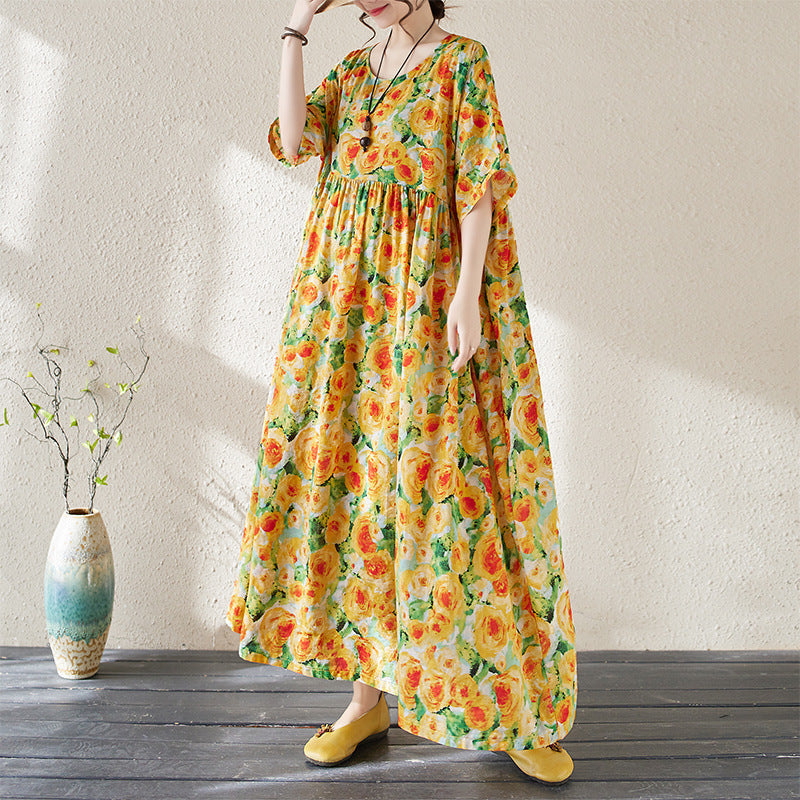 Robe Maxi Femme Imprimé Fleuri Ample Manches 3/4 Légère Respirante Idéale Vacances et Journées Chaudes