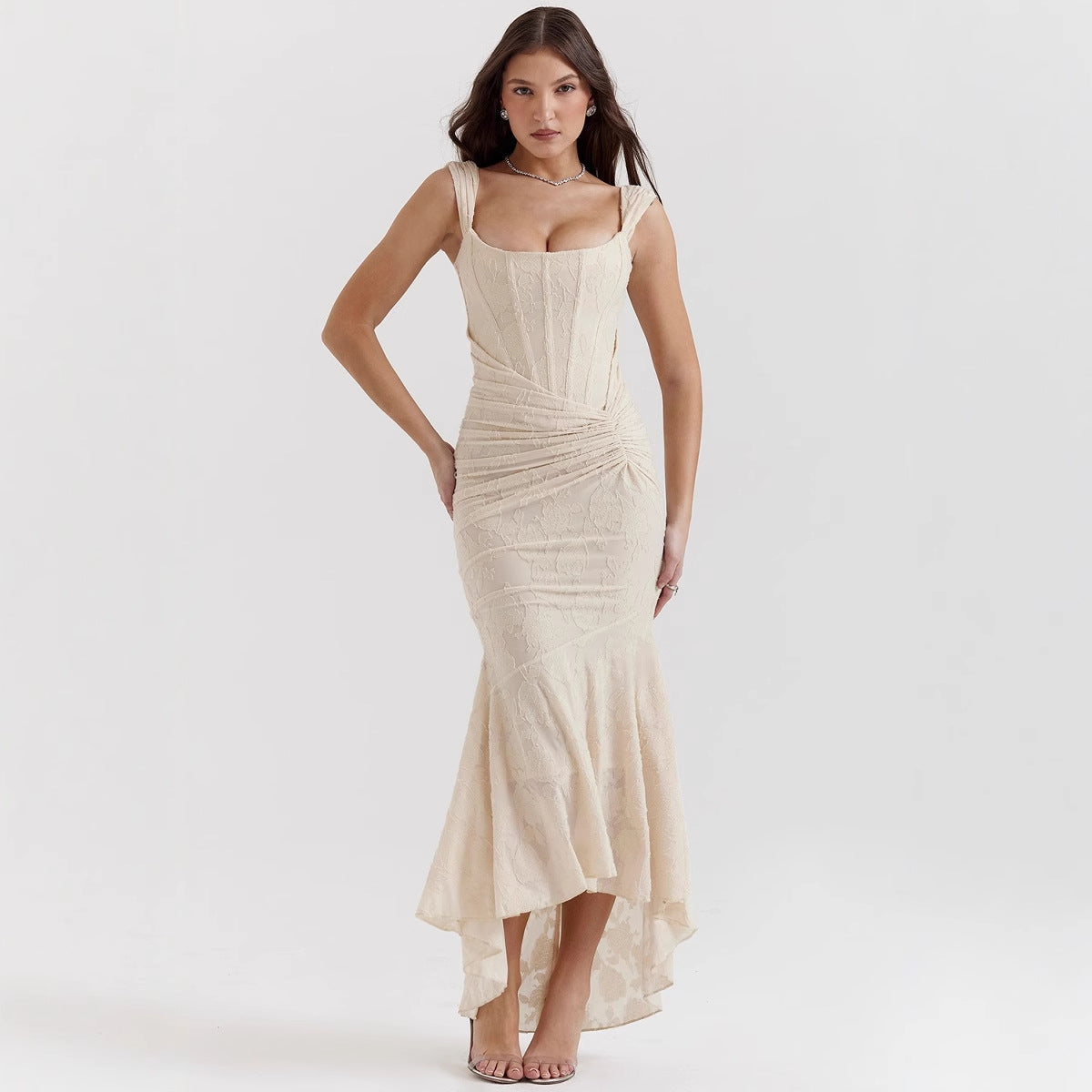 Robe De Soirée Femme Coupe Sirène Aspect Satin Epaule Unique Taille Froncée Pour Réceptions Raffinées
