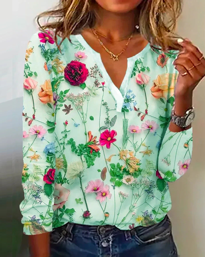 Langärmlige Bluse mit V-Ausschnitt und Blumenmuster