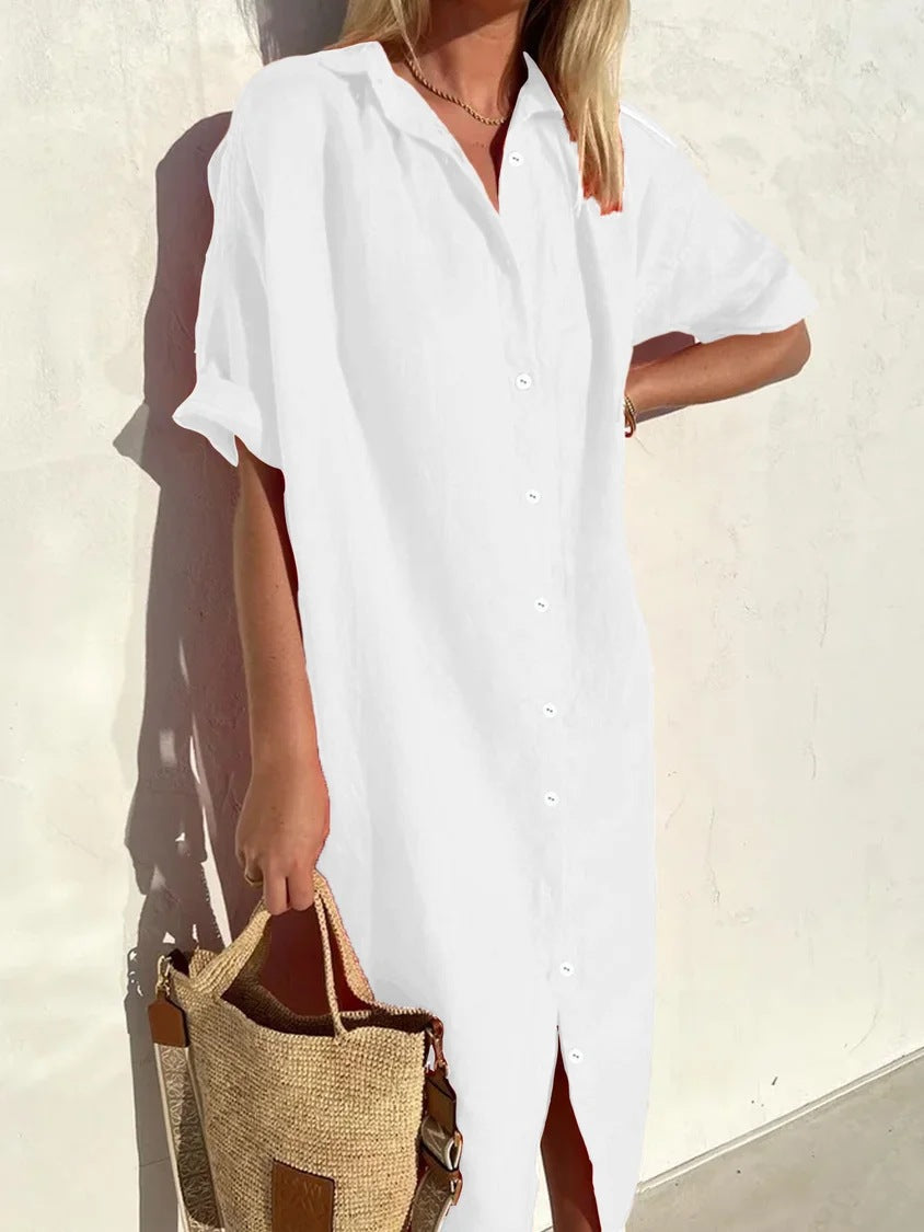 Robe Chemise Femme En Mélange Coton Lin Coupe Décontractée Manches Courtes Boutonnage