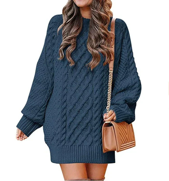 Robe Pull Femme En Mélange De Laine Tricot Cable Coupe Oversize Mi Longue Manches Longues