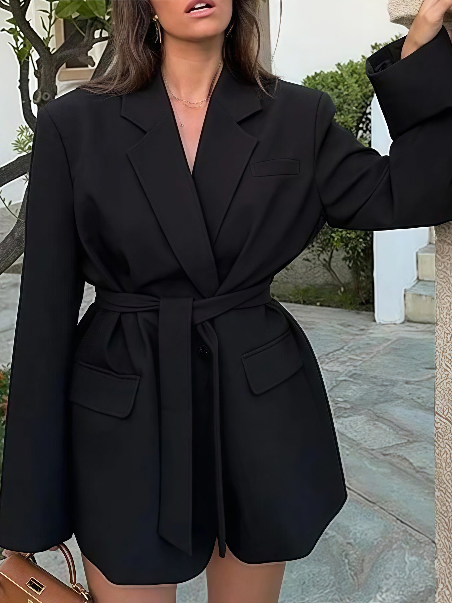 Damen Elegante Blazerjacke mit Gürtel und Taschen Amawinc