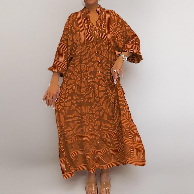 Robe Midi Femme Coupe Ample Tissu Léger Bouton Fermeture Imprimée Motif Vacances Manches Retroussées
