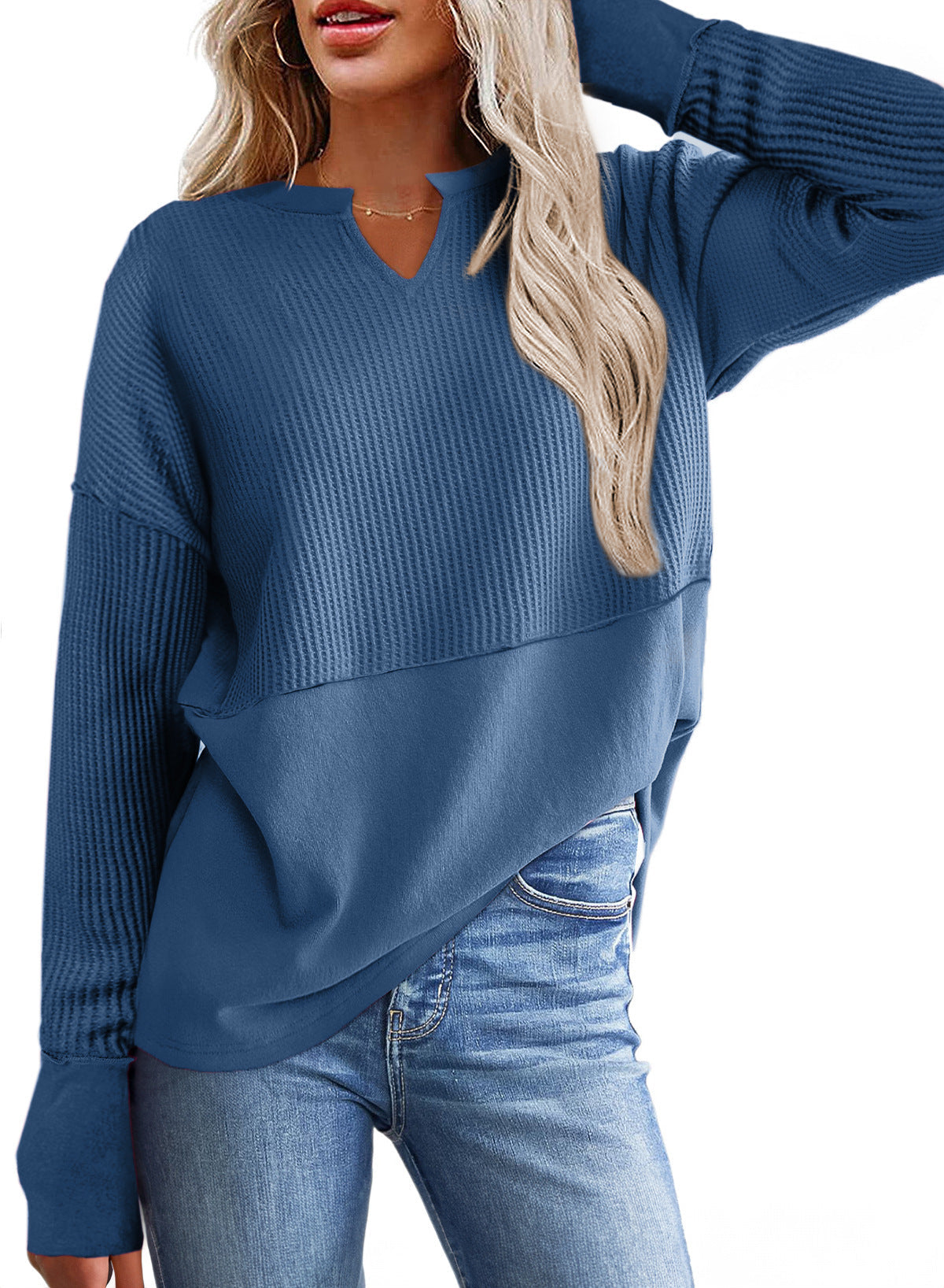 Damen lässiger Knit-Pullover mit V-Ausschnitt und Struktur Amawinc