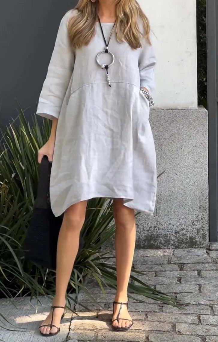 Damen lässiges Leinenkleid mit praktischen Taschen und asymmetrischem Saum Amawinc