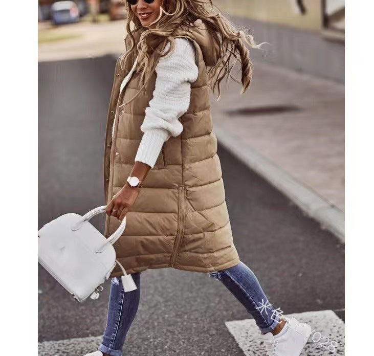 Damen Lange Steppweste mit Kapuze und seitlichen Taschen Amawinc