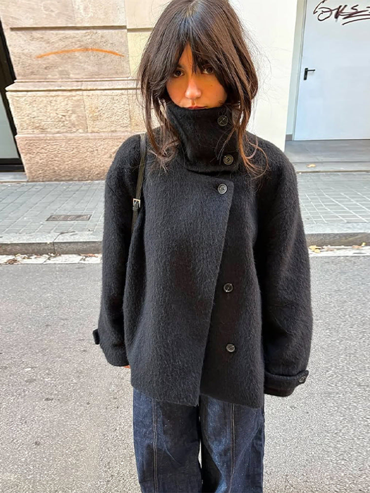 Damen cozy Wolljacke mit hohem Kragen und Knopfdetails Amawinc