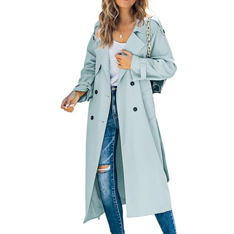 Damen eleganter Trenchcoat mit doppelt Reihe Knopfverschluss und Taillengürtel Amawinc