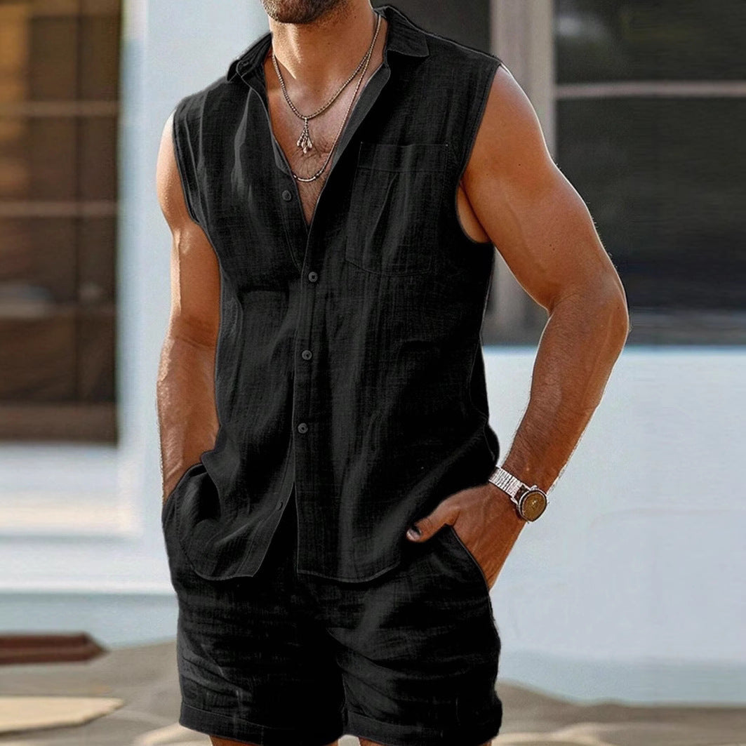Ensemble Chemise Sans Manches Et Short Pour Homme En Mélange Coton Lin Décontracté Et Respirant