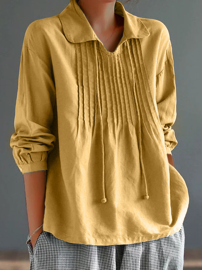 Chemise Femme À Manches Longues Coupe Décontractée En Coton Lin Devant Plissé Pour Élégance Quotidienne