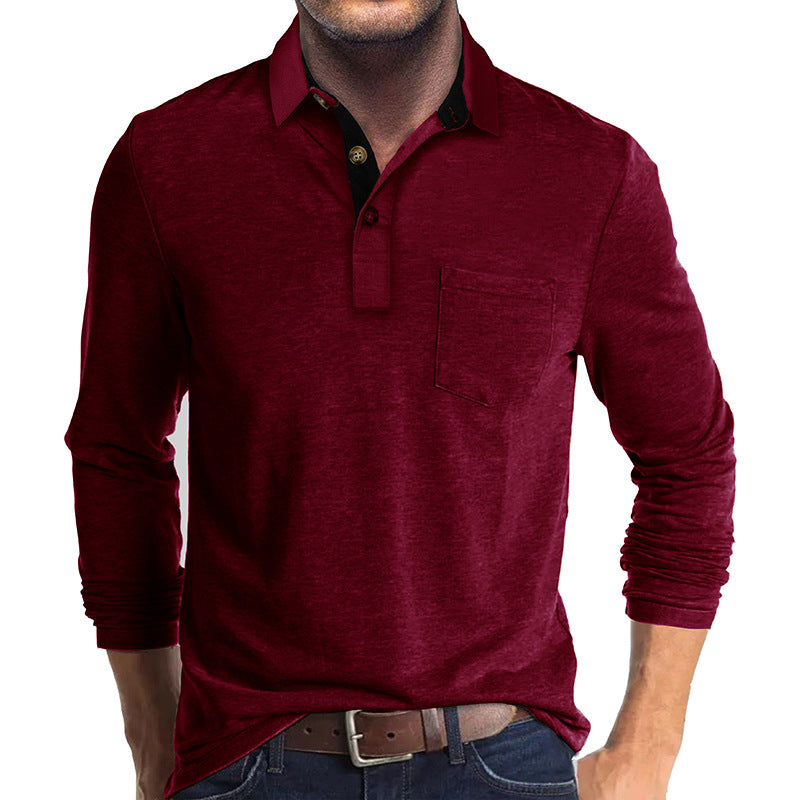 Polo Homme Manches Longues Amawinc En Coton Décontracté Léger Avec Poche Et Patte De Boutonnage
