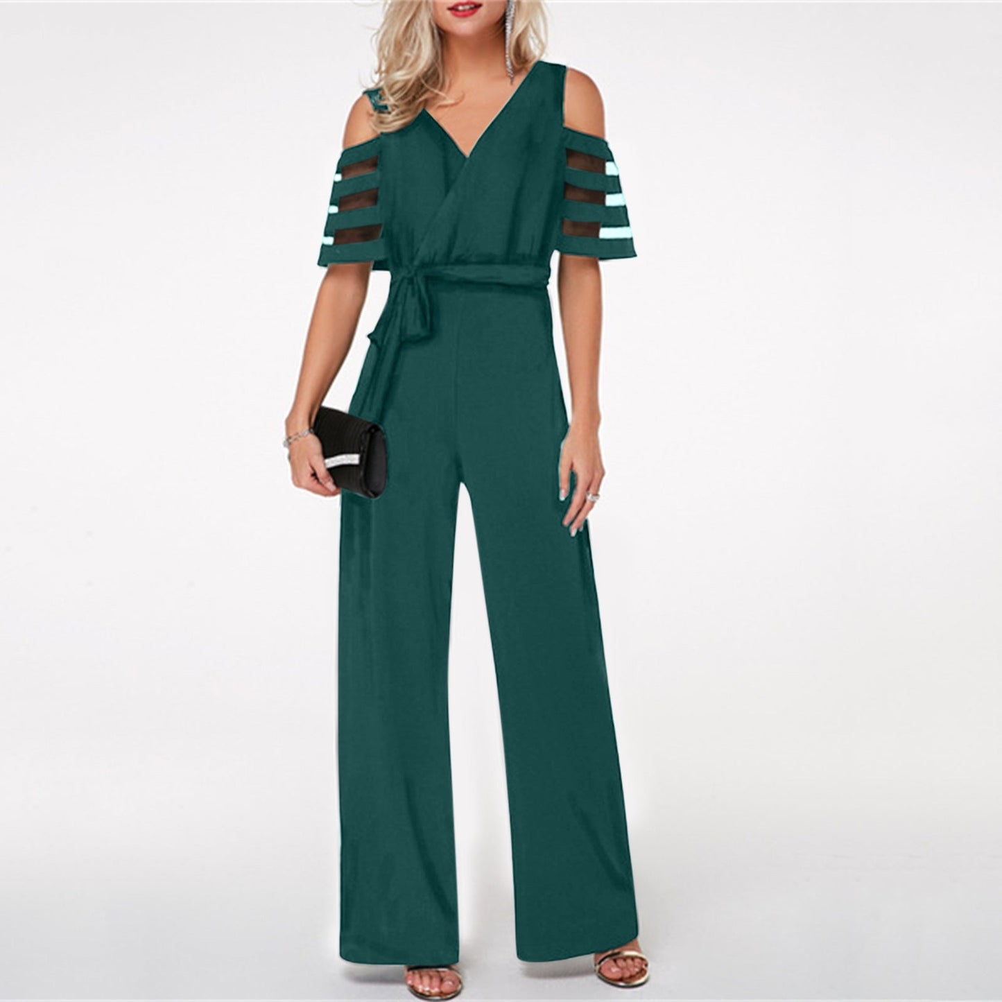 Damen Eleganter Jumpsuit mit transparenten Ärmel-Details und Taillengürtel Amawinc