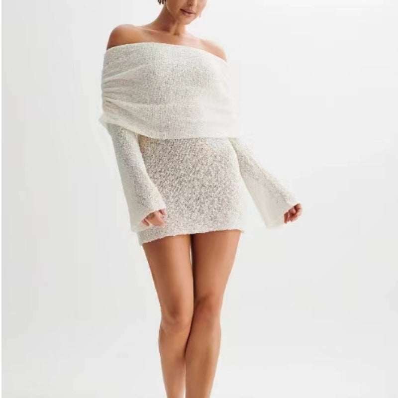 Robe de Plage Femme Épaules Dévoilées Maille Légère Coupe Slim Semi Transparent Manches Longues