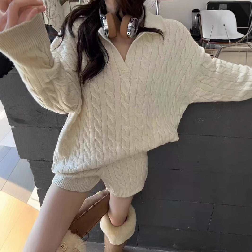 Ensemble Deux Pièces Femme Pull En Maille À Col Haut Laine Mélangée Coupe Décontractée Manches Longues