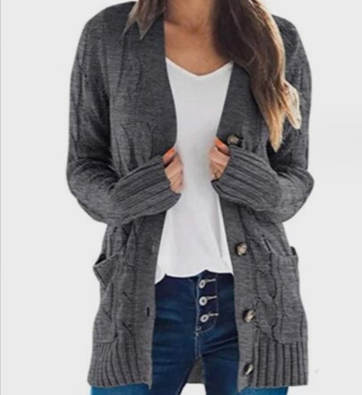 Damen Strickjacke mit Kabelmustern und großen Knöpfen Amawinc