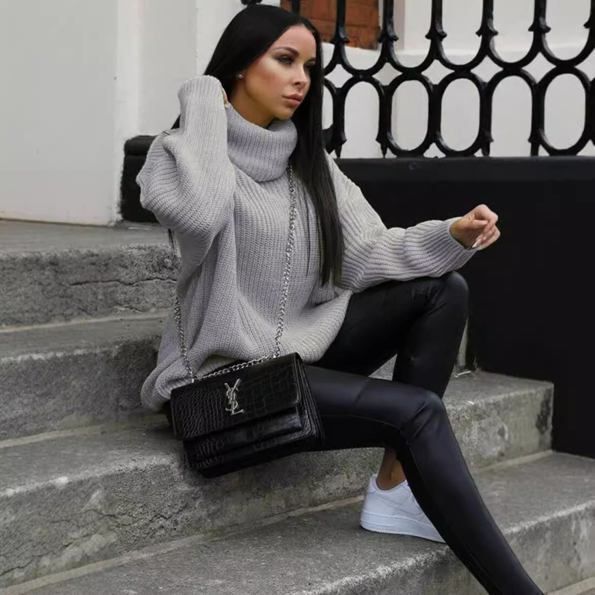 Damen Oversized-Strickpullover mit hohem Kragen und lässigem Schnitt Amawinc