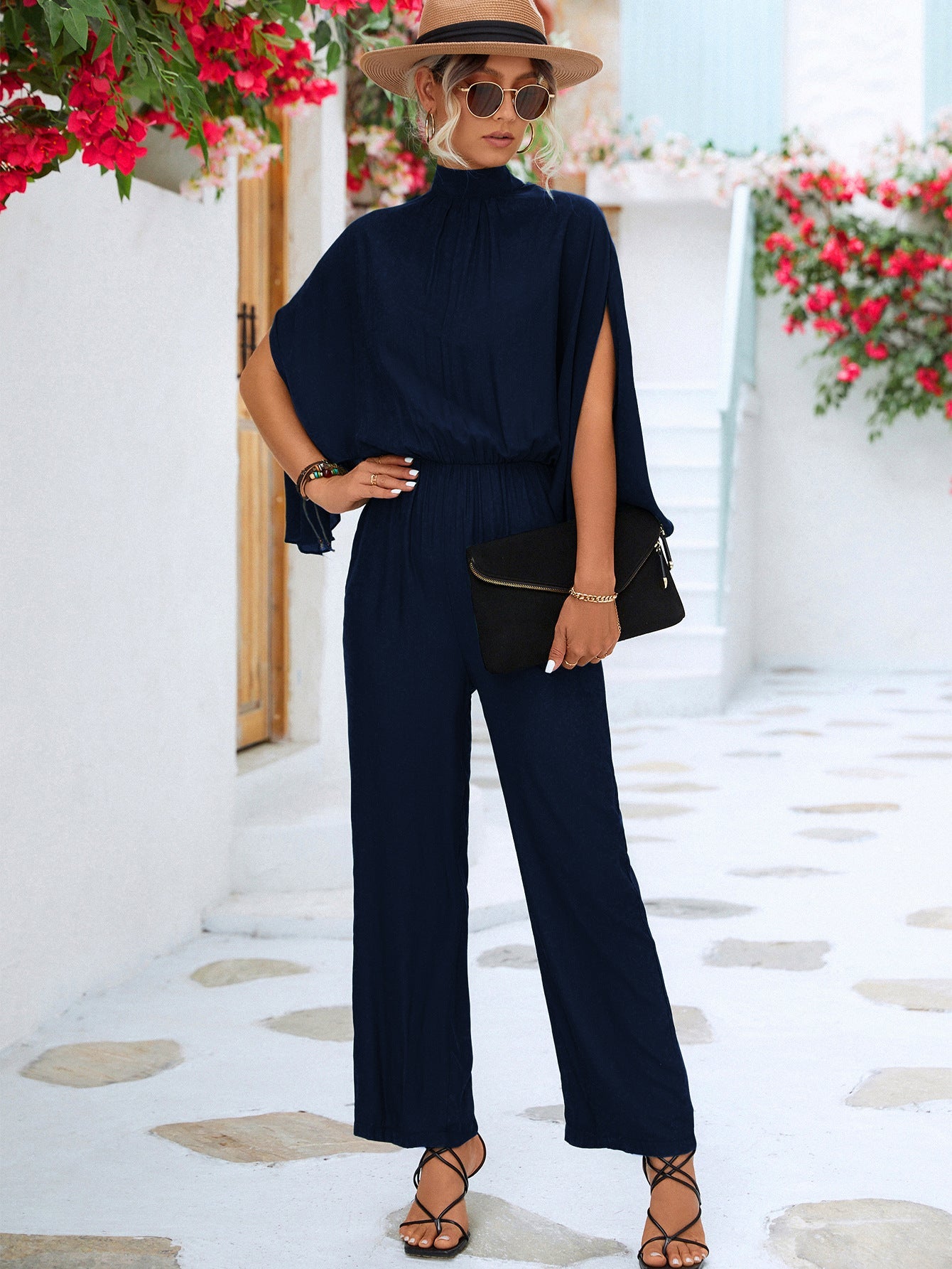Damen Jumpsuit mit hohem Kragen und fließenden Ärmeln Amawinc