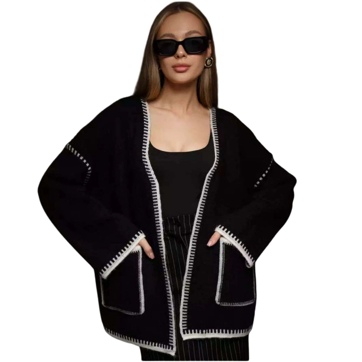 Damen Strickjacke mit großem Revers und praktischen Taschen Amawinc