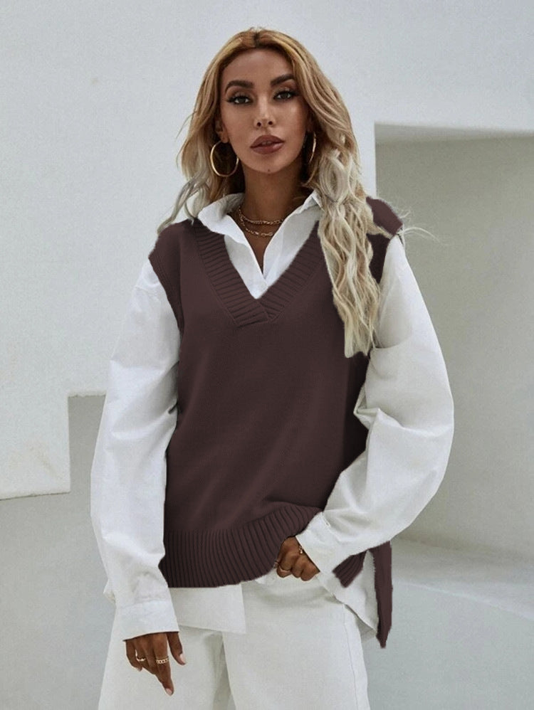 Damen Strickweste mit V-Ausschnitt und eleganter Rippenstruktur Amawinc