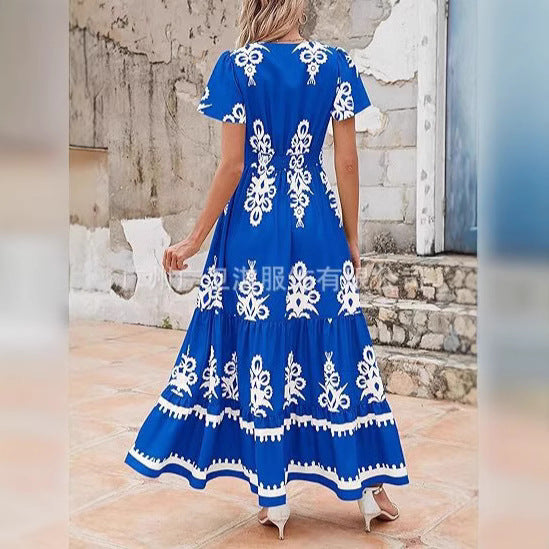 Robe Maxi Femme Col V A Ligne Avec Volants Floral Manches Courtes pour Été Décontracté et Féminin