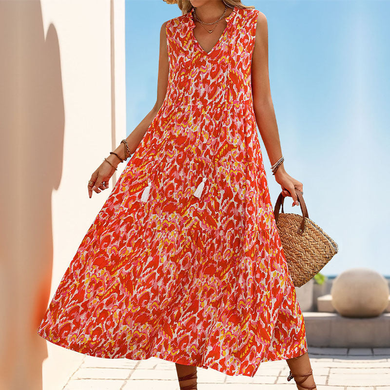 Robe Femme Sans Manches A Ligne Col V Midi Superposée En Coton Léger Pour Été Confortable Et Élégante