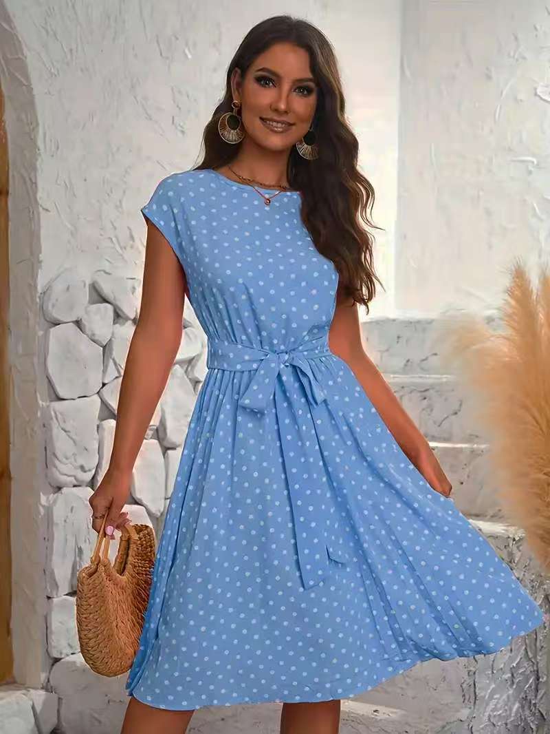 Damen Midikleid mit taillierendem Bindegürtel und verspieltem Polka-Dots Design Amawinc