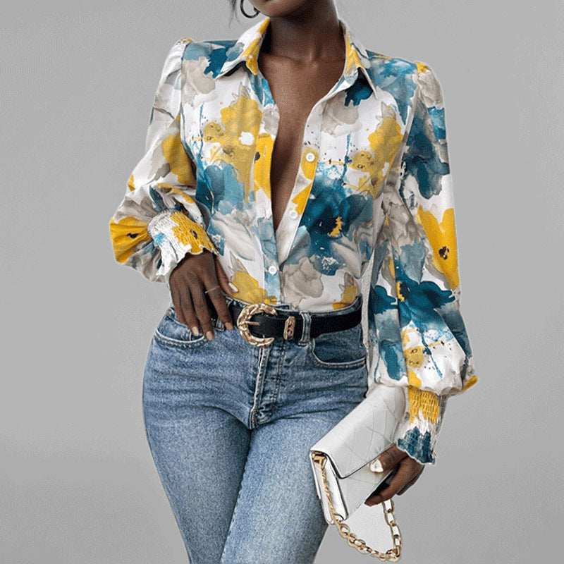 Chemise Femme Oversize Imprimé Floral Manches Bouffantes Poignets Smockés Style Bohème