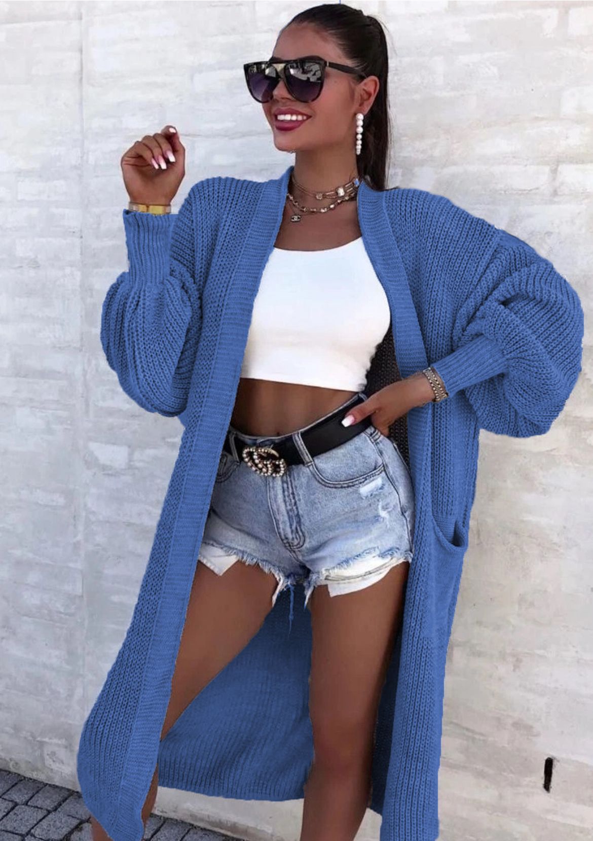 Damen Strickmantel mit weitem Schnitt und tiefen Taschen Amawinc