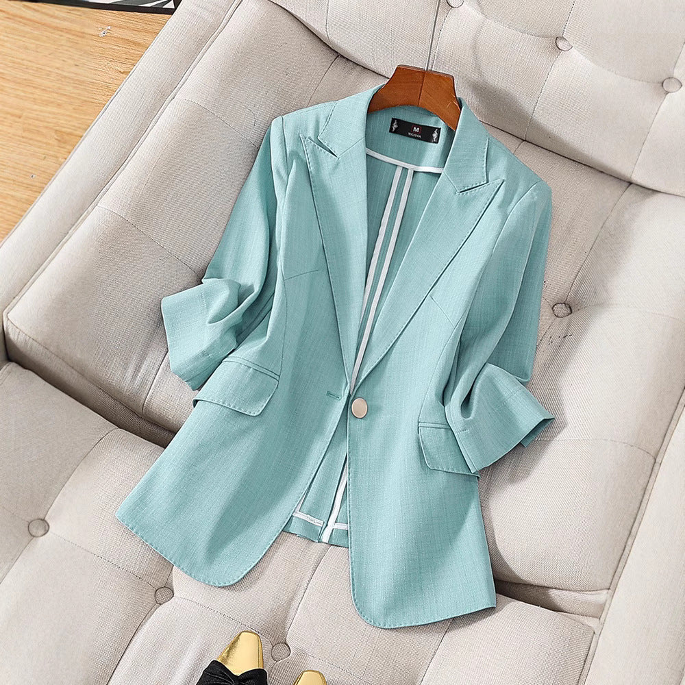 Blazer Femme Coupe Ajustée Tissu Luxueux Manches Trois Quarts Revers Cranté Polyvalent Jour Nuit