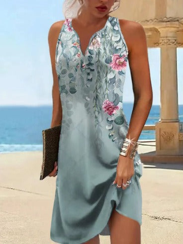 Robe Femme Décolleté en V Sans Manches Motif Floral Ourlet Asymétrique Mélange Coton