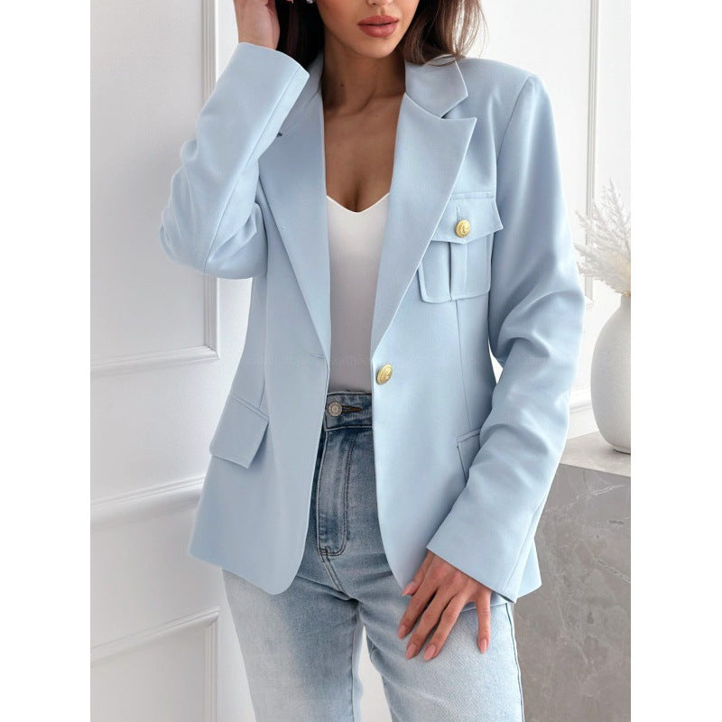 Damen klassische doppelt-knöpfte taillierte Blazer mit Taschen-Detail Amawinc