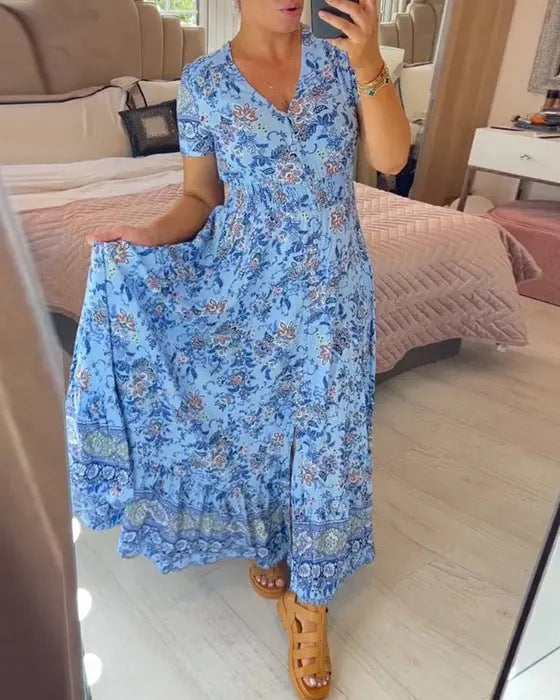 Fudus bedrucktes Strandkleid mit V-Ausschnitt
