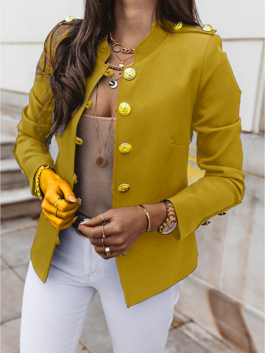 Blazer Femme Slim Fit Col Mandarin Boutons Métalliques Longueur Courte Pour Le Travail Et Les Sorties