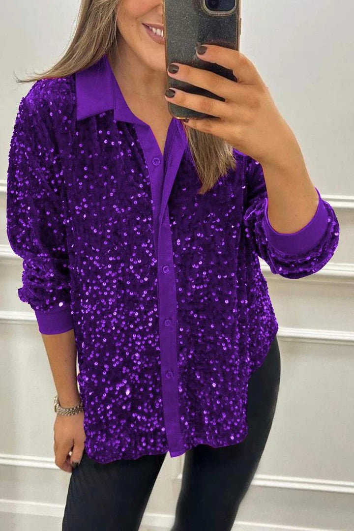Damen Glitzernde Bluse aus Pailletten mit klassischem Kragen Amawinc