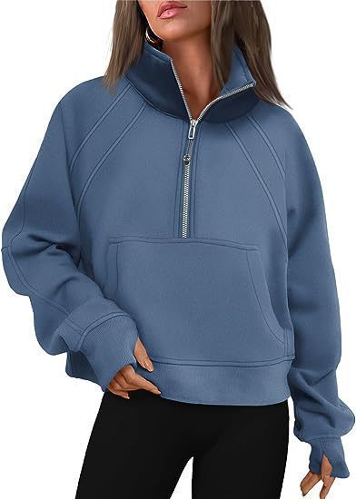 Damen kuscheliger Half-Zip Pullover mit Kapuze und Kängurutasche Amawinc