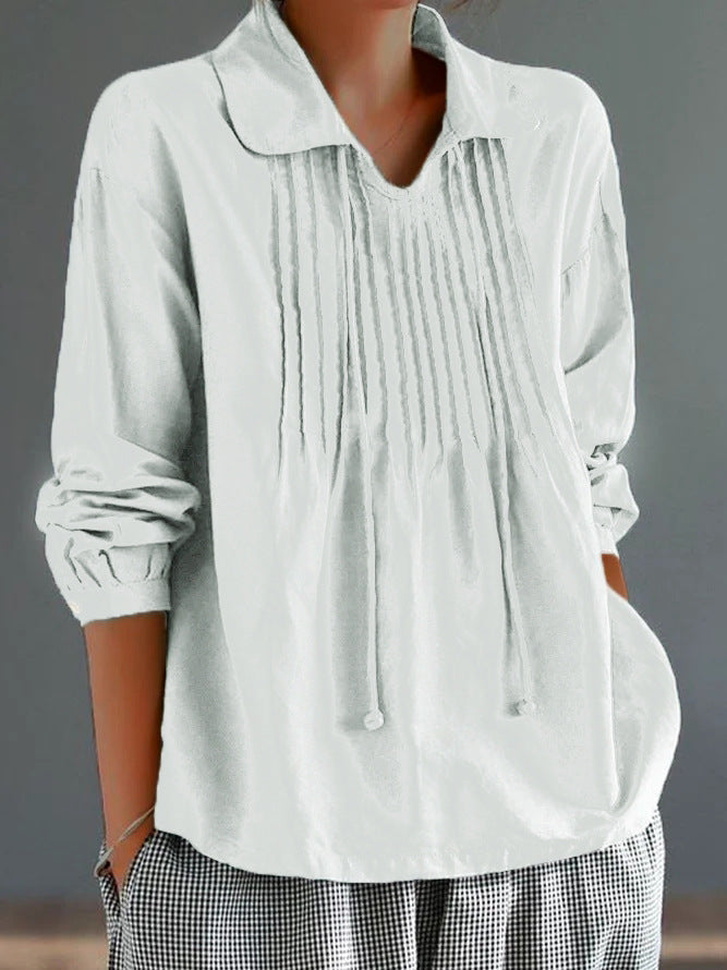 Chemise Femme À Manches Longues Coupe Décontractée En Coton Lin Devant Plissé Pour Élégance Quotidienne