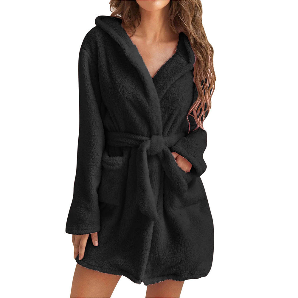 Damen Fleece Bademantel mit Kapuze und Gürtel Amawinc