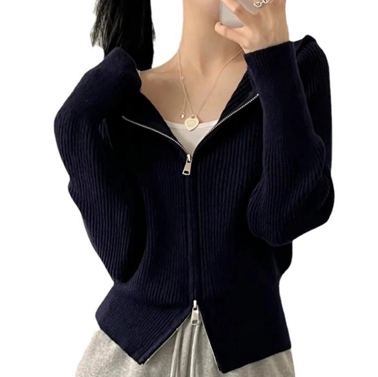 Damen lässige Strickjacke mit Kapuze und Reißverschluss Amawinc